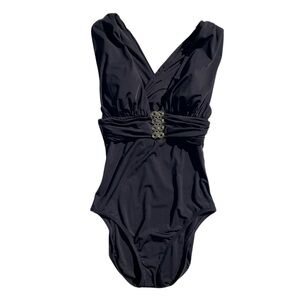 Trina Turk one piece swimsuit plunging neckline crossback black womens 2 NWT